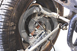 Closeup wheels and shock absorbers