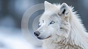 Closeup of a white Arctic wolf its breath visible in the cold air gazing off into the distance with piercing blue eyes