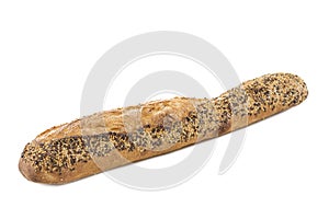 Closeup of a white baguette topped with different seeds, such as sesame and poppy seeds, on a white