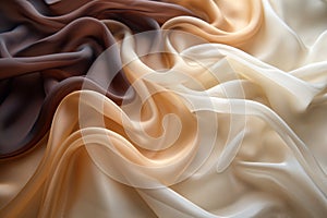Closeup of white and brown satin drapery fabric background, elegant wavy texture pattern, generative ai