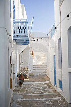 Closeup of white buildings on a sunny day in Milos island, Greece