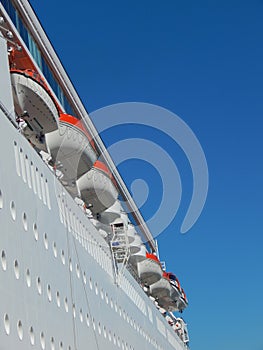 Closeup of a white cruise ship