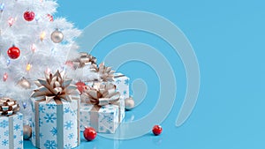 Closeup of white decorated Christmas tree and presents with copy space