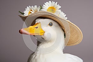 Closeup of white duck in summer straw hat with flower in hatband
