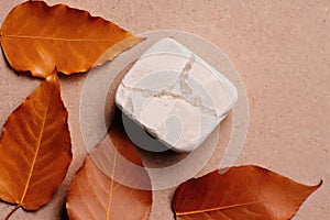 Closeup Of White Flat Rock On Beige Background Next To Autumn Leaves. Generative AI