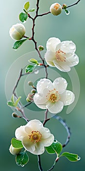 Closeup white flowers with droplets of water on them. Blossom quince branch