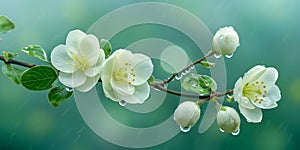 Closeup white flowers with droplets of water on them. Blossom quince branch on rain