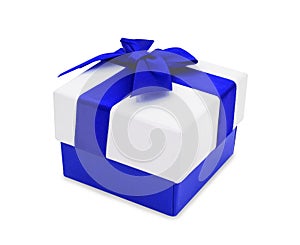 Closeup white gift box with blue ribbon