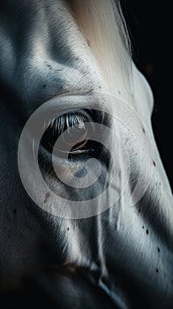 Closeup white horse eye, portrait of animal on dark background.