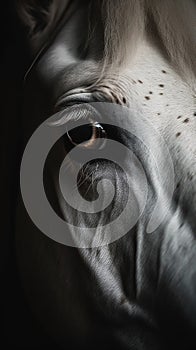 Closeup white horse eye, portrait of animal on dark background.