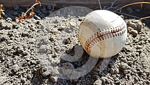 Closeup White leather textured baseball ball with red seams. Ball Outside Stadium Home Run Concept