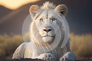 A Closeup of a White Male Adult Lion Staring at the Camera