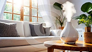 Closeup of a White Modern Air Humidifier on Table in Living Room With White Sofa - Generative Ai