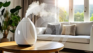 Closeup of a White Modern Air Humidifier on Table in Living Room With White Sofa - Generative Ai