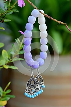 closeup the white purple color beads bracelet with silver metal sky beads ear ring hold on plant branch soft focus natural green