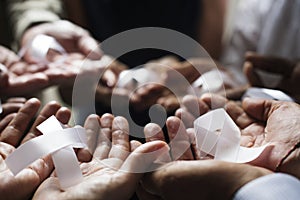 Closeup of white ribbons on people palms for bone cancer awareness and anti-violence campaign