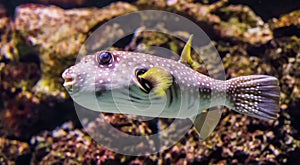 Closeup of a white spotted puffer fish swimming in the water, tropical fish from the Red sea and the indo-pacific ocean