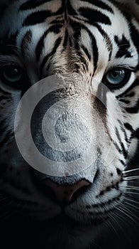 Closeup white tiger eye, portrait of animal on dark background.