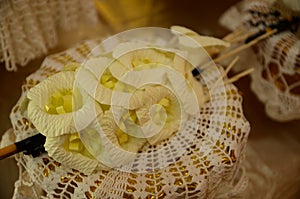 Closeup white and yellow Sandalwood flowers for a funeral ceremo