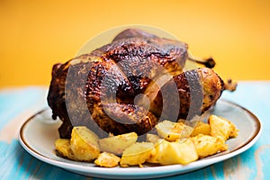 Closeup of whole roasted french farm chicken