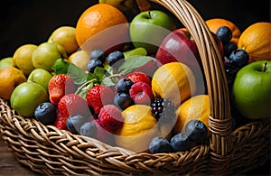 Closeup of a wicker basket filled with fresh fruits on a wooden table