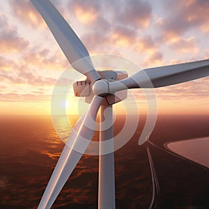 Closeup of wind mill turbine aerial view at sunset. Created with generative AI