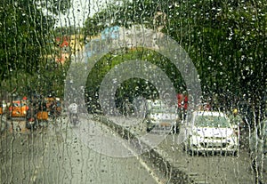 Closeup of windscreen during rain