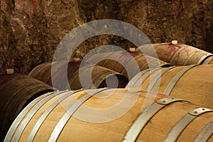 Closeup of Wine Barrels in a Wine Cellar