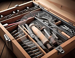 Closeup of a winemaker's toolbox with essential tools laid out