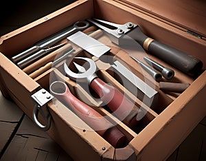 Closeup of a winemaker's toolbox with essential tools laid out