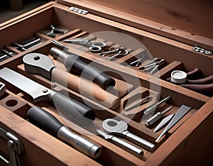 Closeup of a winemaker's toolbox with essential tools laid out