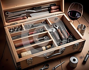 Closeup of a winemaker's toolbox with essential tools laid out