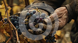 A closeup of a winemakers hands delicately holding a of gs. The gs have undergone a process called ice wine harvesting photo