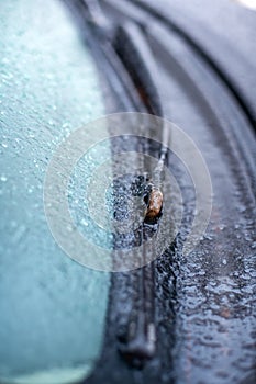 Closeup of wipers and frosted car windshield covered with ice