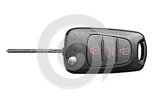 Closeup of wireless key ignition isolated on white background. Wireless start engine key. Car key remote isolated over white. Mode