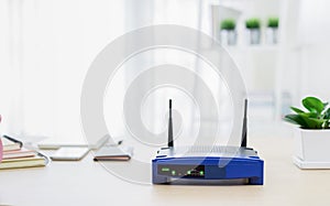 Closeup of a wireless router on living room at home