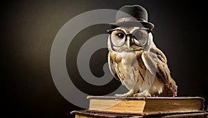 Closeup of a Wise Owl on Vintage Old Books on Dark Background - Generative Ai