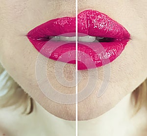 Closeup woman, beautiful painted  stylelips before and after