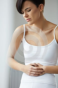 Closeup Woman Body Feeling Pain In Stomach, Stomach Ache