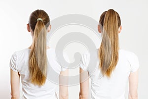 Closeup woman different ponytails back view isolated white background. Hair Natural blonde straight long Hairstyle. Easy quick