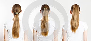 Closeup woman different ponytails back view isolated white background. Hair Natural blonde straight long Hairstyle. Easy quick photo