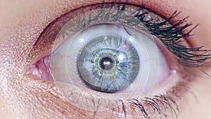 Closeup, woman and eye for cyber security scan, technology, futuristic vision or digital sight. Female person iris or