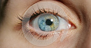 Closeup of woman with green and blue eyes or contact lens for vision, eyecare or eyesight awareness. Macro of medical