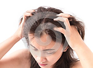 Closeup woman hand itchy scalp, Hair care photo