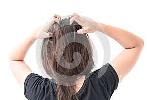 Closeup woman hand itchy scalp, Hair care photo