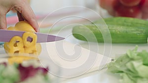 Closeup woman hands cutting pepper in slow motion.