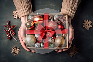 Closeup of woman hands holding Christmas present