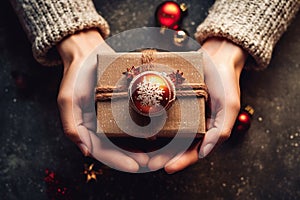 Closeup of woman hands holding Christmas present