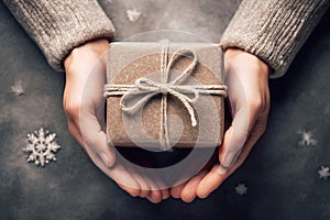 Closeup of woman hands holding Christmas present