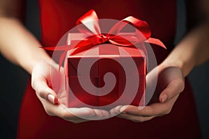 Closeup of woman hands holding Christmas present